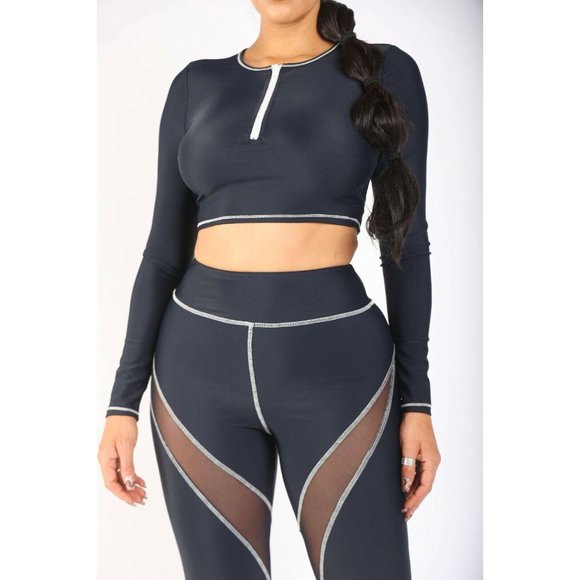 Mesh Contrast Long Sleeve Crop Top with Pants Leggings Outfit 2 Piece Set - Picture 2 of 7